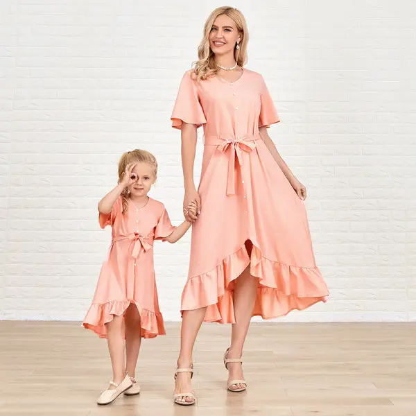 Sweet Pink Short Sleeve Asymmetric Mom Girl Matching Dress - Lukalula.com 