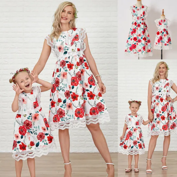 Sweet Red Flower Print Mom Girl Matching Dress - Lukalula.com 