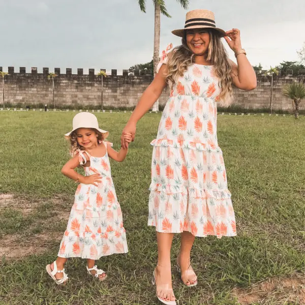 Sweet Orange Plant Print Sling Mom Girl Matching Dress - Lukalula.com 
