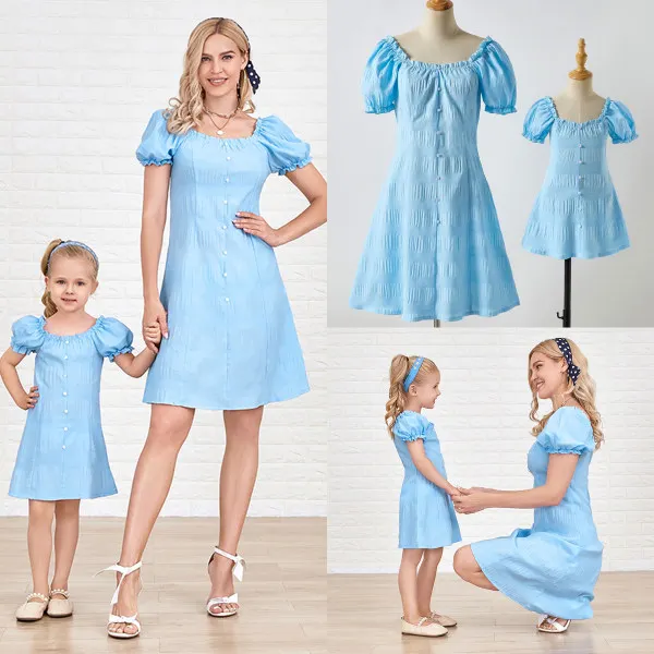 Sweet Square Neck Puff Sleeve Blue Mom Girl Matching Dress - Lukalula.com 