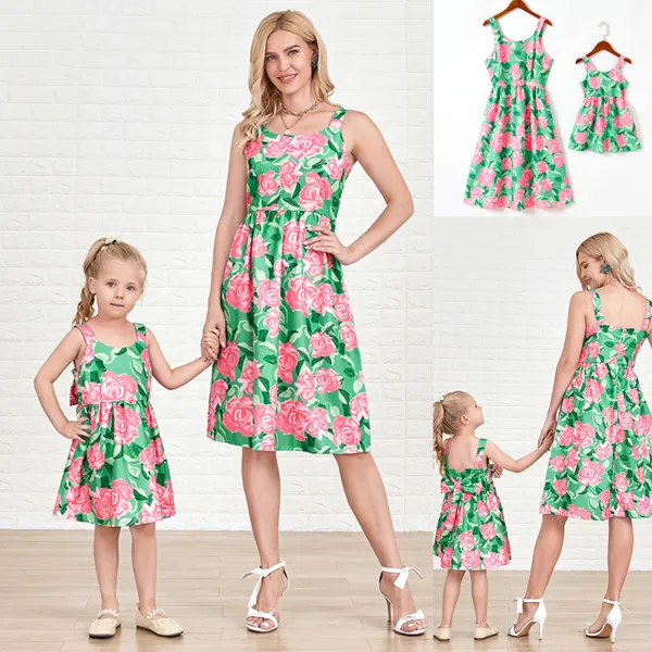 Sweet Green Flower Sling Mom Girl Matching Dress - Lukalula.com 