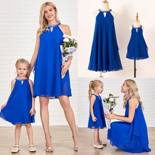 Sequined Halter Blue Mom Girl Matching Dress - Lukalula.com 