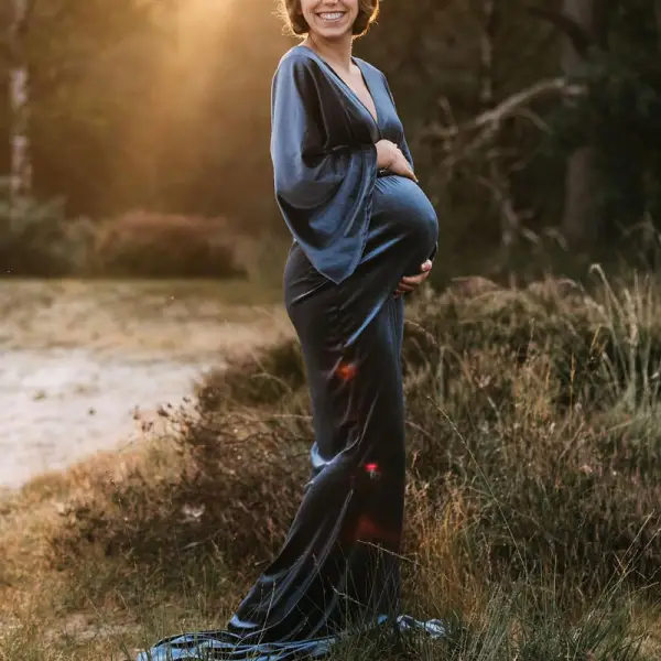 Maternity Deep Vneck Velvet Long Sleeve Photoshoot Dress