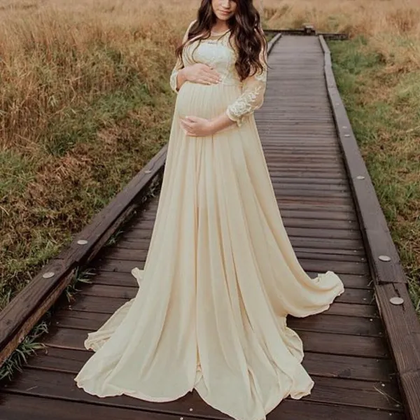 Maternity Elegant Lace Stitching Chiffon Photoshoot Dress