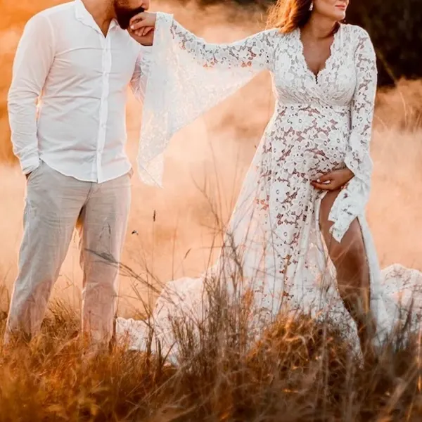 Maternity Deep VNeck Flared Sleeves Lace SeeThrough Loose Split