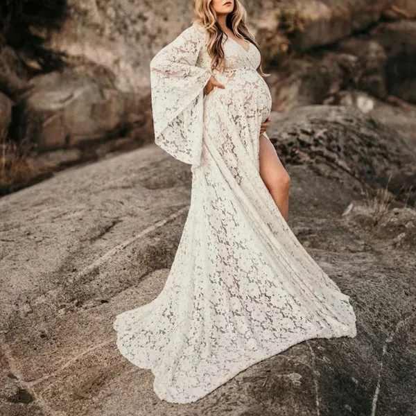 Maternity Deep VNeck Flared Sleeves Lace SeeThrough Loose Split