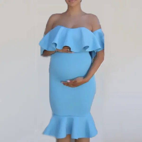 Maternity Solid Ruffle Trim Dress - Lukalula.com 