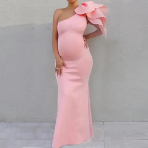 Maternity One-Shoulder Short Sleeve Full Length Dress - Lukalula.com 