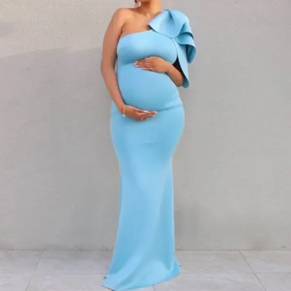 Maternity One-Shoulder Short Sleeve Full Length Dress - Lukalula.com