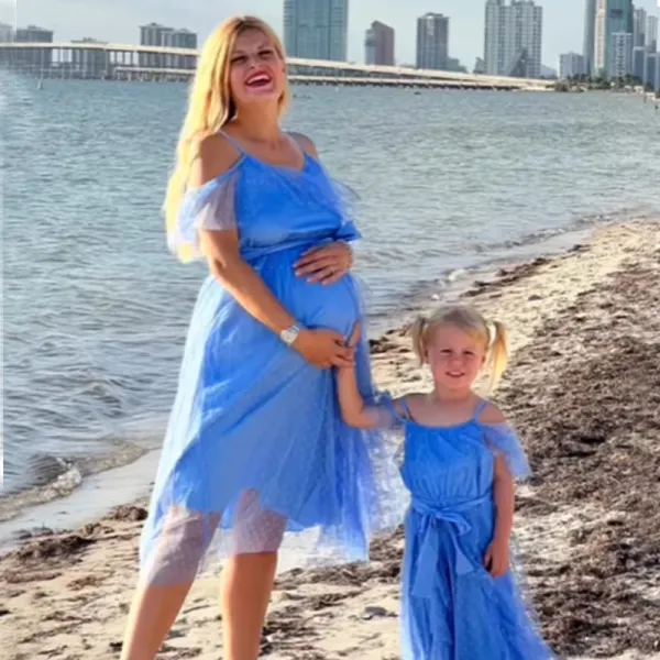 Sweet Blue Polka Dot Mesh Off The Shoulder Mom Girl Matching Dress - Lukalula.com 
