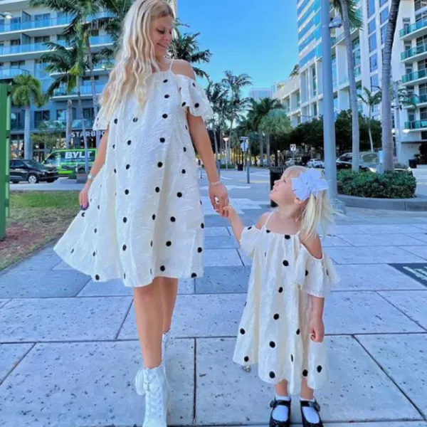 Sweet Polka Dot Off The Shoulder Mom Girl Matching Dress - Lukalula.com 