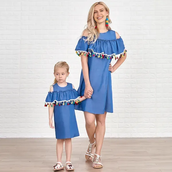 Sweet Denim Color Fringe Ruffle Off Shoulder Mom Girl Matching Dress - Lukalula.com 