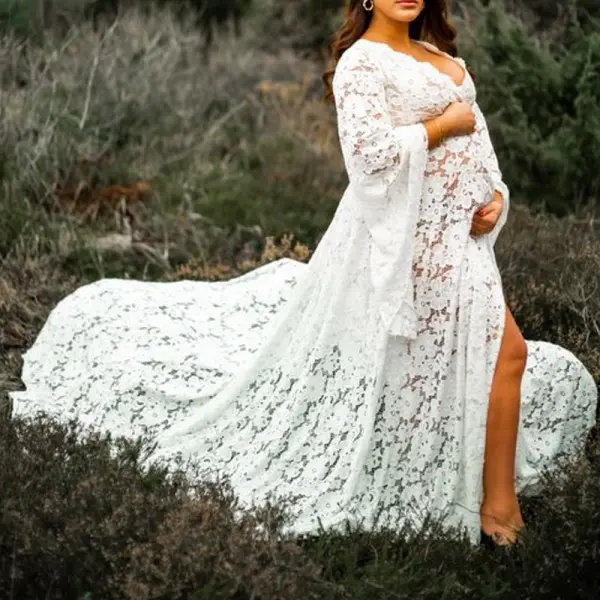 Maternity Deep VNeck Flared Sleeves Lace SeeThrough Loose Split