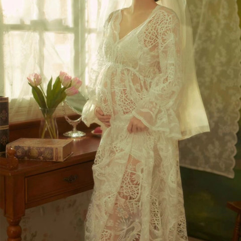 Maternity White Lace V-neck Flared Sleeve Photoshoot Dress (With Lingerie Set)