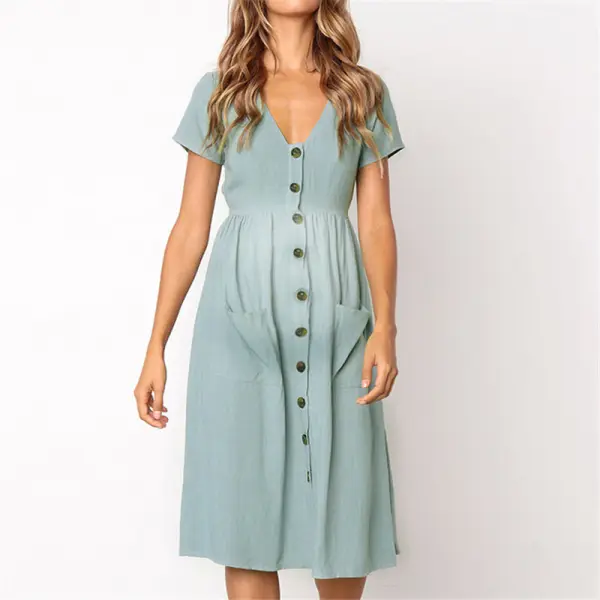 Maternity Button Versatile Pocket Short Sleeve Dress - Lukalula.com 