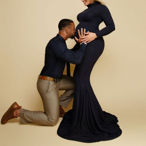 Maternity Fashion High Collar Solid Color Long Sleeve Dress