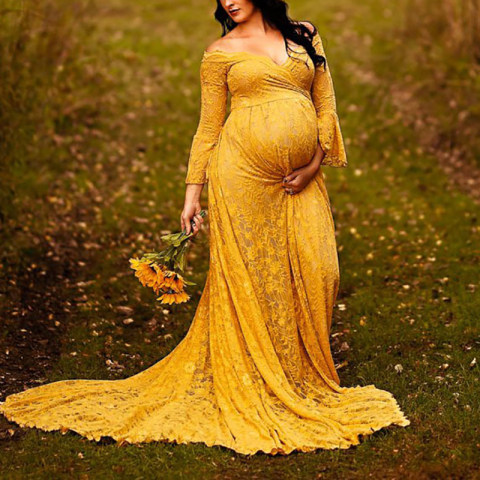 Maternity Sexy Yellow Collar Long Sleeve Lace Dress