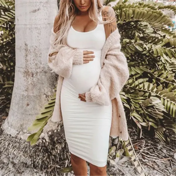 Maternity White Sexy Low Round Neck Solid Bodycon Dress - Lukalula.com 