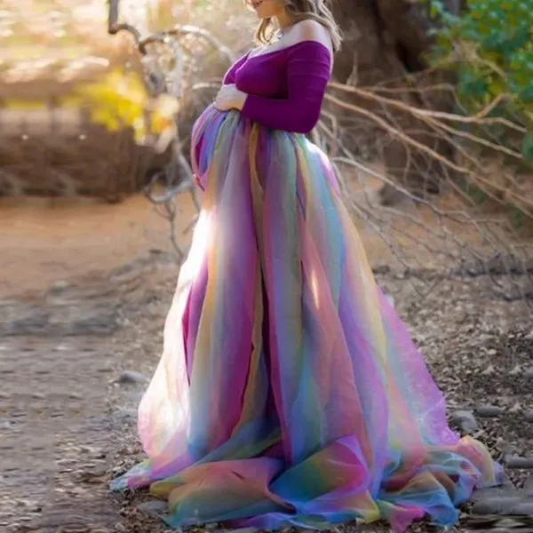 Maternity Fashion Off-shoulder Stitching Rainbow Gauze Dress - Lukalula.com 
