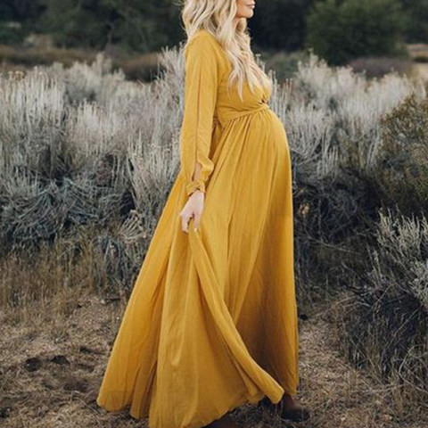 Maternity V neck Long Sleeve Solid Color Dress