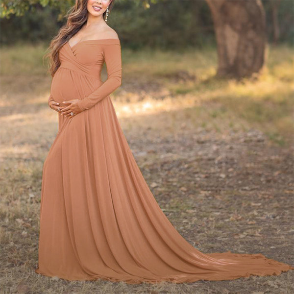 Maternity Off Shoulder Long Sleeve Floor-Length Gorgeous Dress