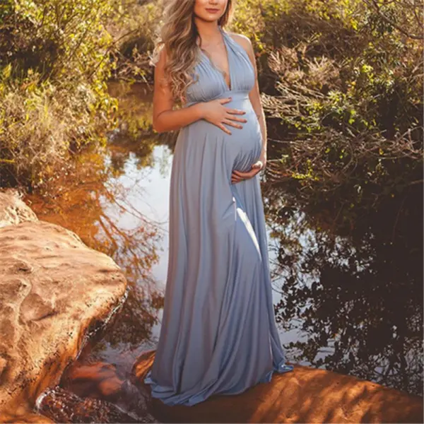 Maternity Elegant V-neck Sleeveless Solid Dress - Lukalula.com 