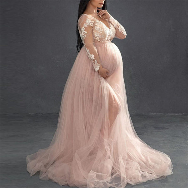 Maternity Elegant V-neck Stitching Mesh Gown Pink Dress