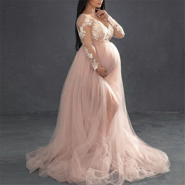 Maternity Elegant V-neck Stitching Mesh Gown Pink Dress