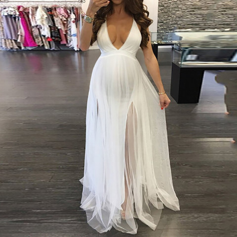 Maternity Mesh Pure Color Deep V Neck Dress