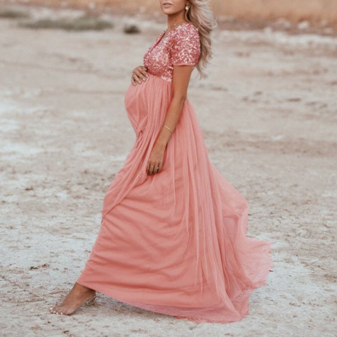  Fashion Bugatchi Maternity Photoshoot Gown, Maternity V-Neck Sequined Long Photoshoot Dress
