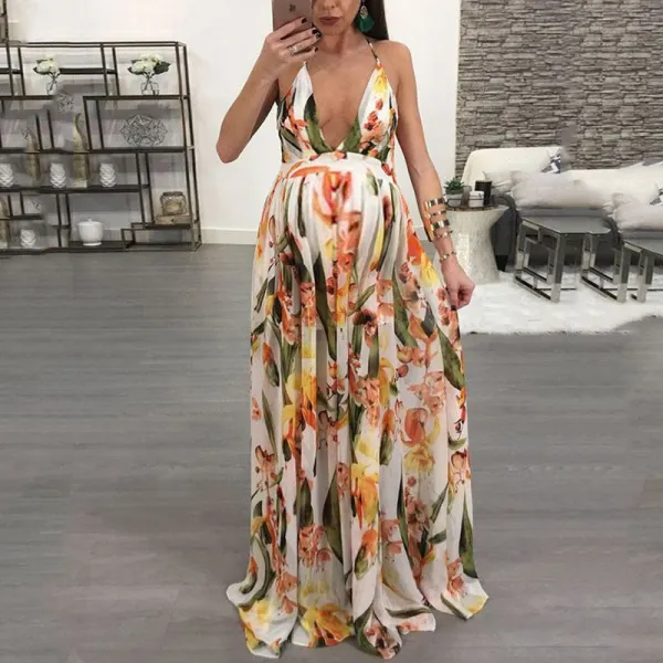 Maternity Floral Open Back Maxi Dress