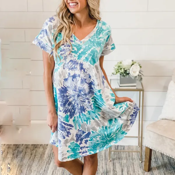 Tie-dye V-neck short sleeve dress - Leanarea.chimpone.com 