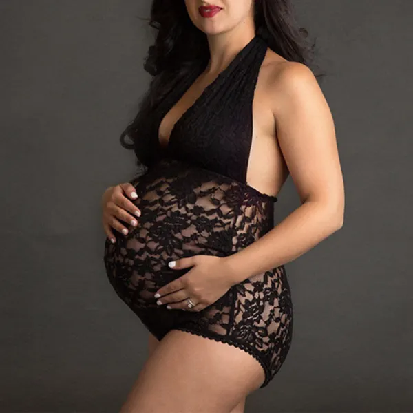Maternity Deep V-Neck Black Photo Jumpsuit - Lukalula.com 