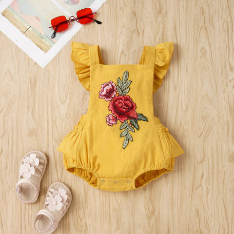 Baby flower embroidered small flying sleeve cotton romper