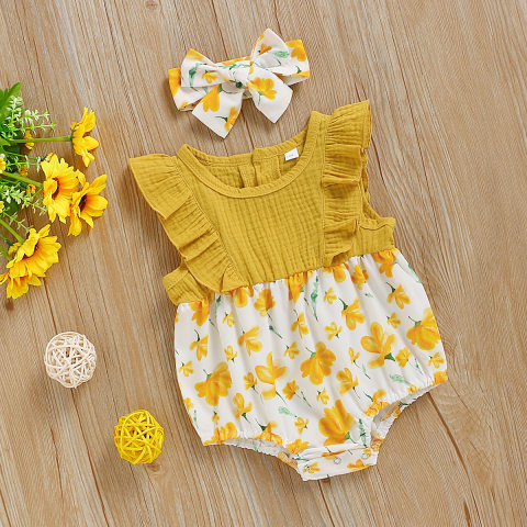 Baby Girl Flower Print Flying Sleeve Rompet With Hairband