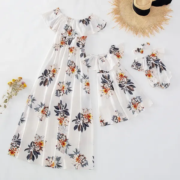 Floral Style Off Shoulder Mom Girl Matching Dress - Popopiestyle.com 