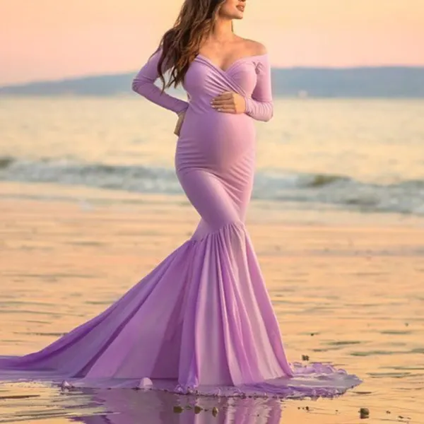 Maternity Off The Shoulder Blue Purple Long Sleeve Photoshoot TuTu Maternity Dress - Lukalula.com 
