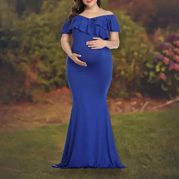 Maternity Off-The-Shoulder Ruffled Maxi Photo Dress - Lukalula.com 
