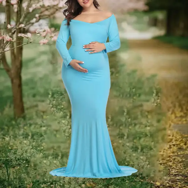 Maternity Off The Shoulder Long Sleeve Maxi Photo Dress - Lukalula.com 