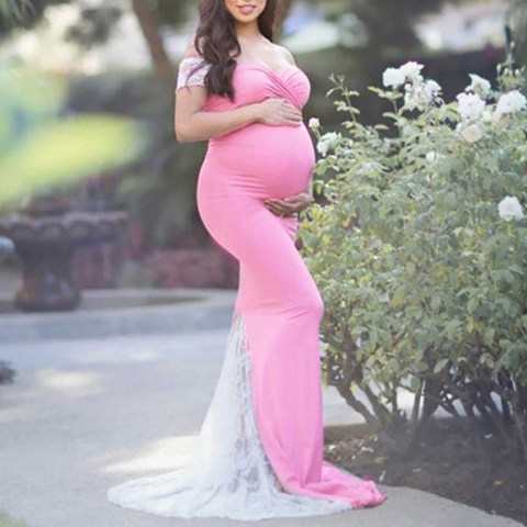 Maternity Pink Knitted Lace Stitching Off Shoulder Dress