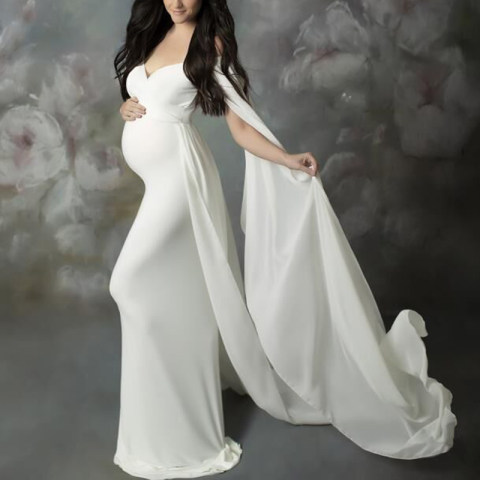 Maternity V Neck Strapless Cape Maxi Photo Dress