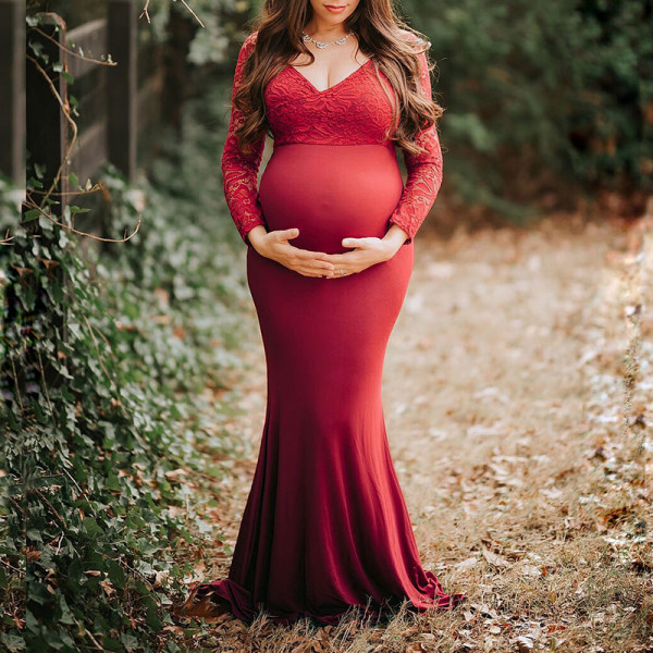 Maternity Lace Stitching V-Neck Long Sleeve Maxi Photo Dress