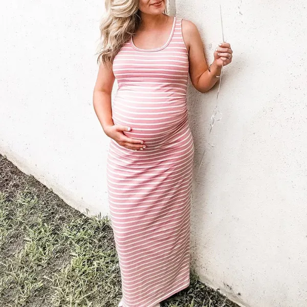 Maternity Knitted Striped Sleeveless Midi Dress - Lukalula.com 
