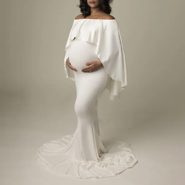 Maternity White Off Shoulder Irregular Photo Dress - Lukalula.com 