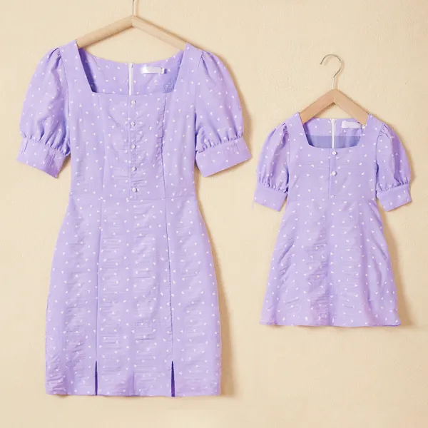 Mom Girl Purple Heart Pattern Short Sleeve Dress - Popopiestyle.com 