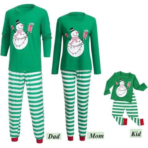 Christmas bear pattern green stripes family matching outfits