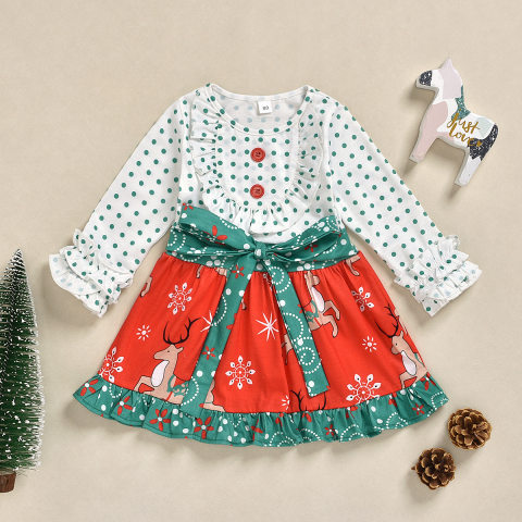 Christmas Polka Dot and Elk Print Red Long Sleeve Dress