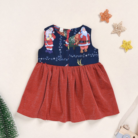 Christmas Print Stitching Red Mesh Blue Sleeveless Dress