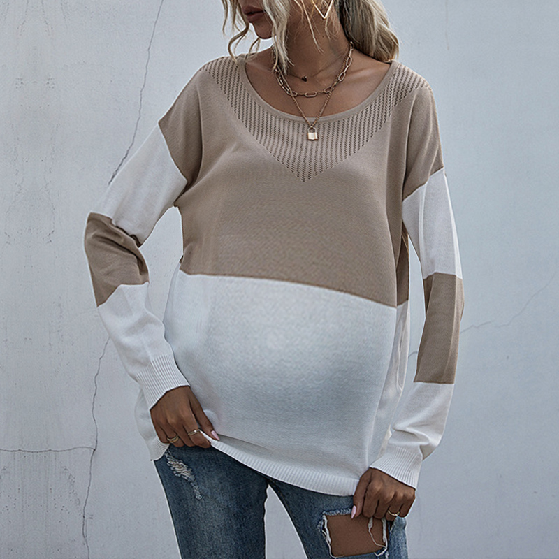Maternity Two-Tone Round Neck Chic Sweater