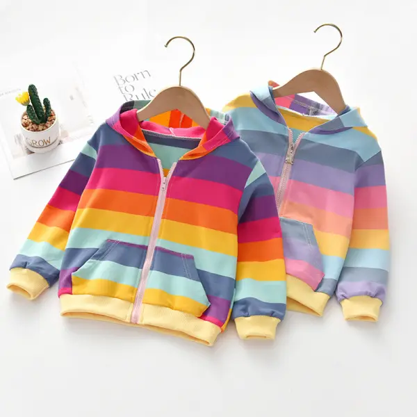 【18M-9Y】Rainbow Stripe Print Hooded Sweatshirt Jacket - Popopiestyle.com 